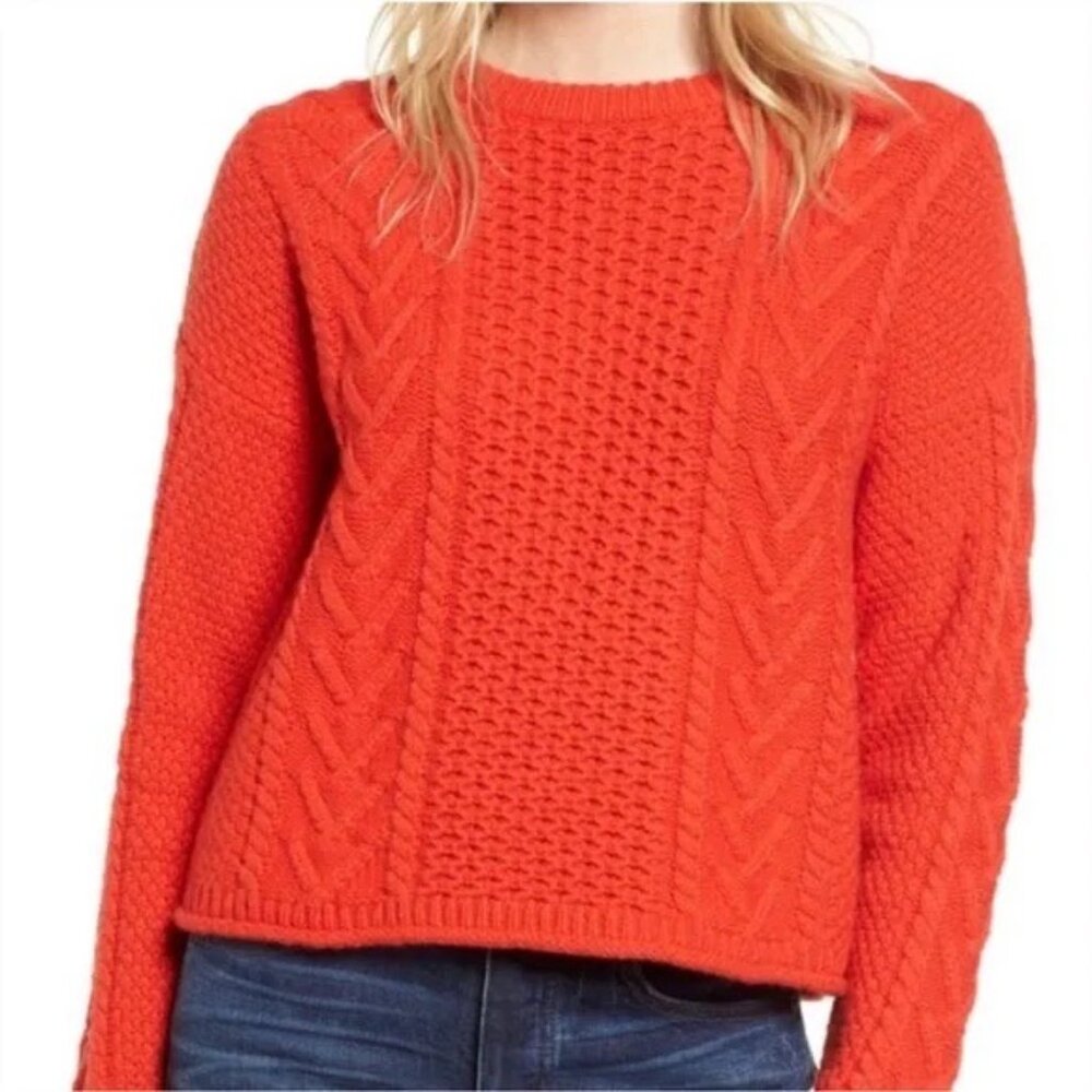 Madewell Cableknit Sweater Womens XL Orange Red Merino Wool Pullover